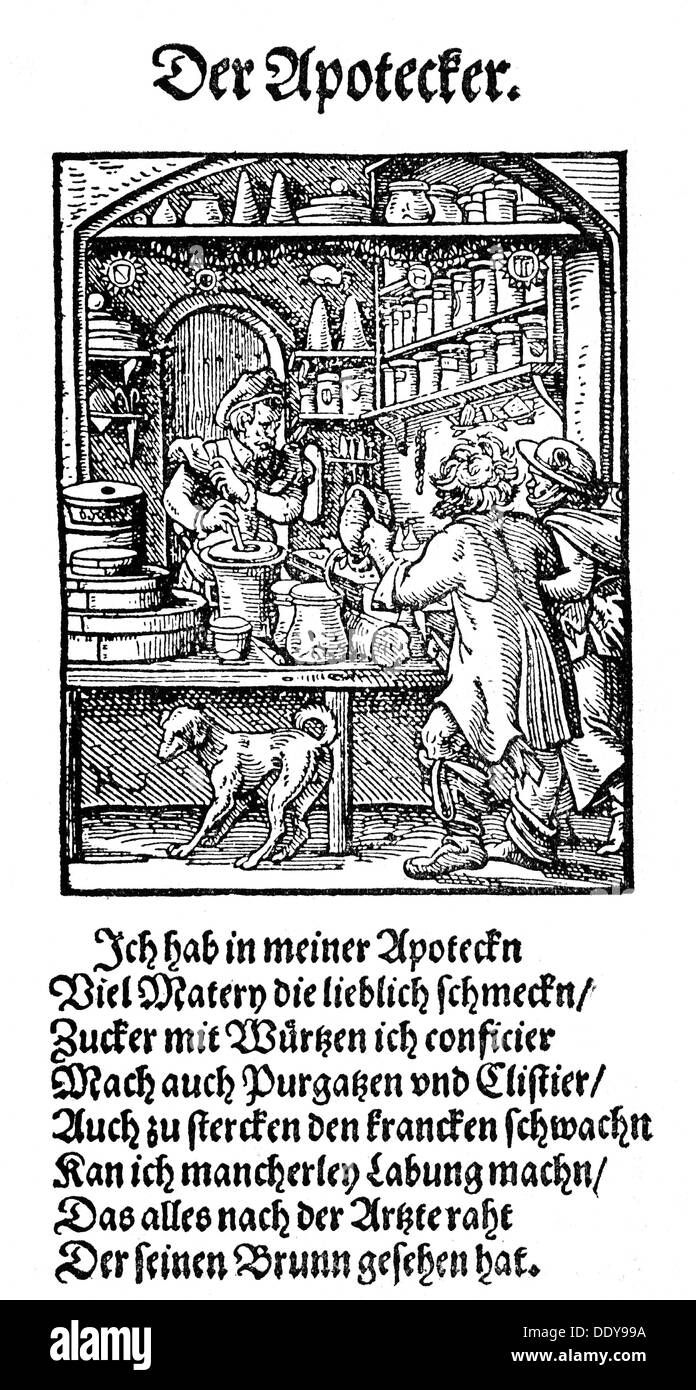 Personen, Beruf, Apotheke, Holzschnitt von Jost Amman (1539 - 1591), aus: Klassenbuch, mit Versen von Hans Sachs, 1568, Zusatzrechte-Clearences-nicht vorhanden Stockfoto