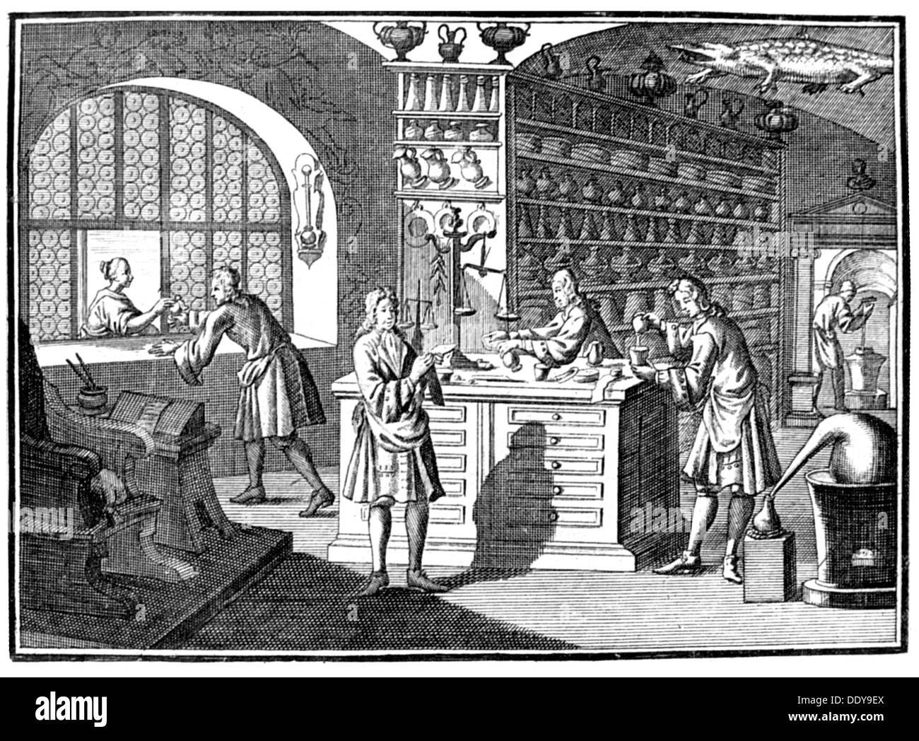 Medizin, Apotheke, Pharmazie, Verkaufsraum, nach Kupferstich von A. Chr. Fleischmann, von: Franz Philipp Floriuns (1649 - 1699), "diözesanökonomen prudens et Legalis Kanzlei", Nürnberg - Frankfurt - Leipzig, 1722, Universitäts- und Landesbibliothek, Halle, Artist's Urheberrecht nicht geklärt zu werden. Stockfoto