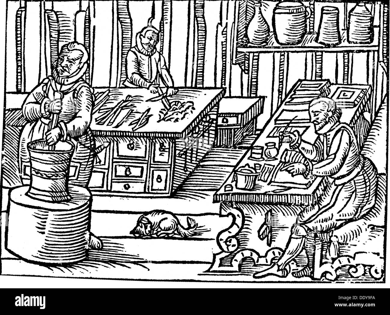 Medizin, Apotheke, Apotheke, Offizium, Holzschnitt, aus: Walther Hermann Ryff (um 1500 - 1548), 'ein neues Arzteneybuch', Dresden, 1584, Zusatz-Rechteklärung-nicht vorhanden Stockfoto