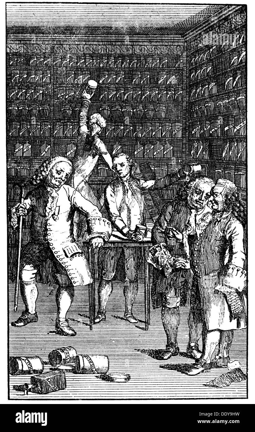 Medizin, Apotheke, Pharmazie, visitation mit Zerstörung der beanstandeten Arzneimittel, Kupferstich, ca. 1760, Artist's Urheberrecht nicht geklärt zu werden. Stockfoto