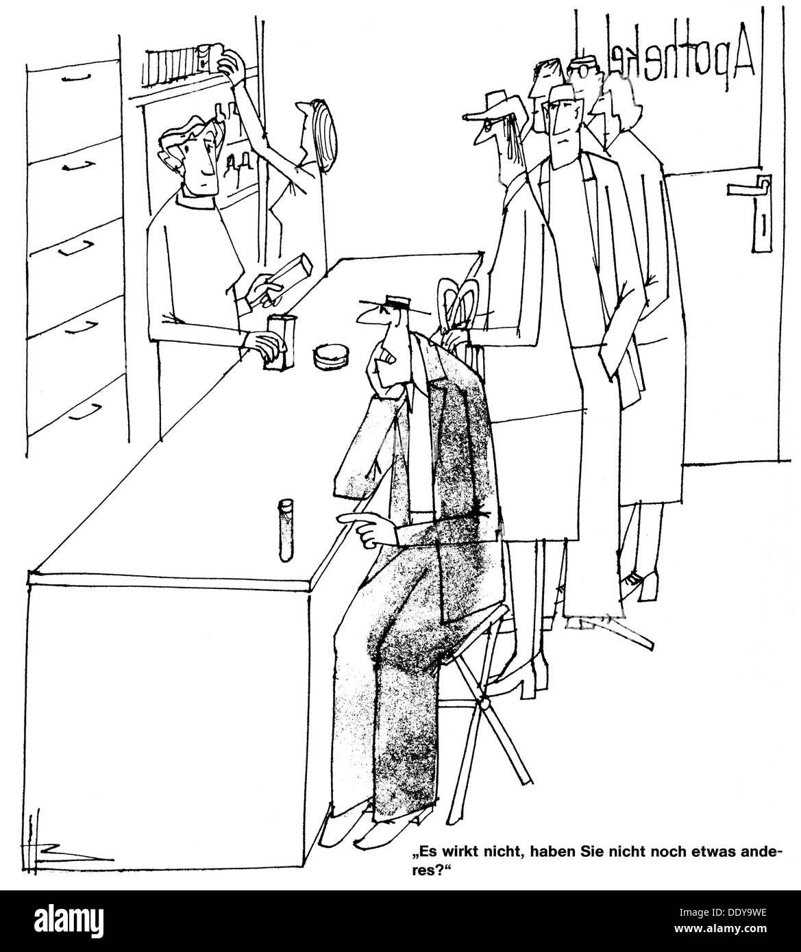 Medizin, Karikatur, 'Es wirkt nicht, haben Sie nicht noch etwas anderes?' (There's No effect, do you have something else?), Zeichnung, aus: 'Medizin aktuell', Heft 7, Berlin, 1987, Additional-Rights-Clearences-not available Stockfoto