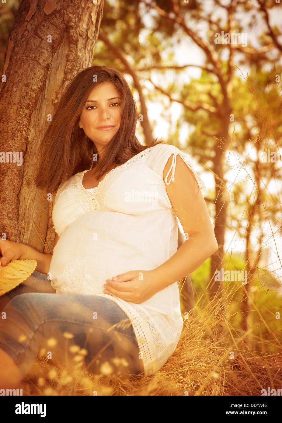 Schöne schwangere Frau verbringen Zeit im herbstlichen Wald, sitzen auf gelben Trockenrasen, glückliche Schwangerschaft, liebevolle Familie Stockfoto