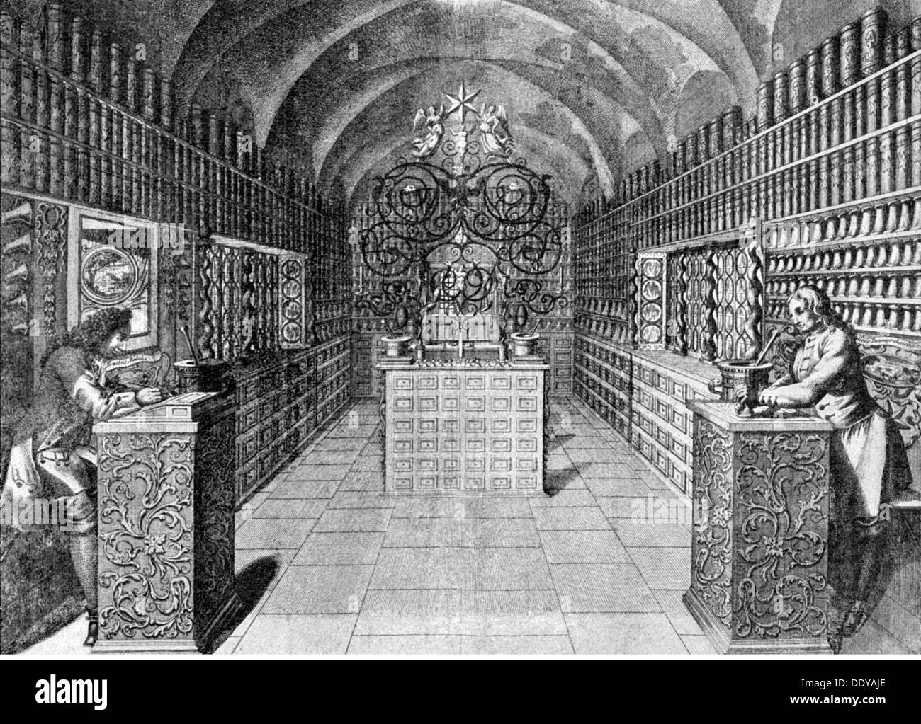 Medizin, Apotheke, Pharmazie, verkaufsraum einer deutschen Apotheke, nach Kupferstich, um 1700, Artist's Urheberrecht nicht geklärt zu werden. Stockfoto