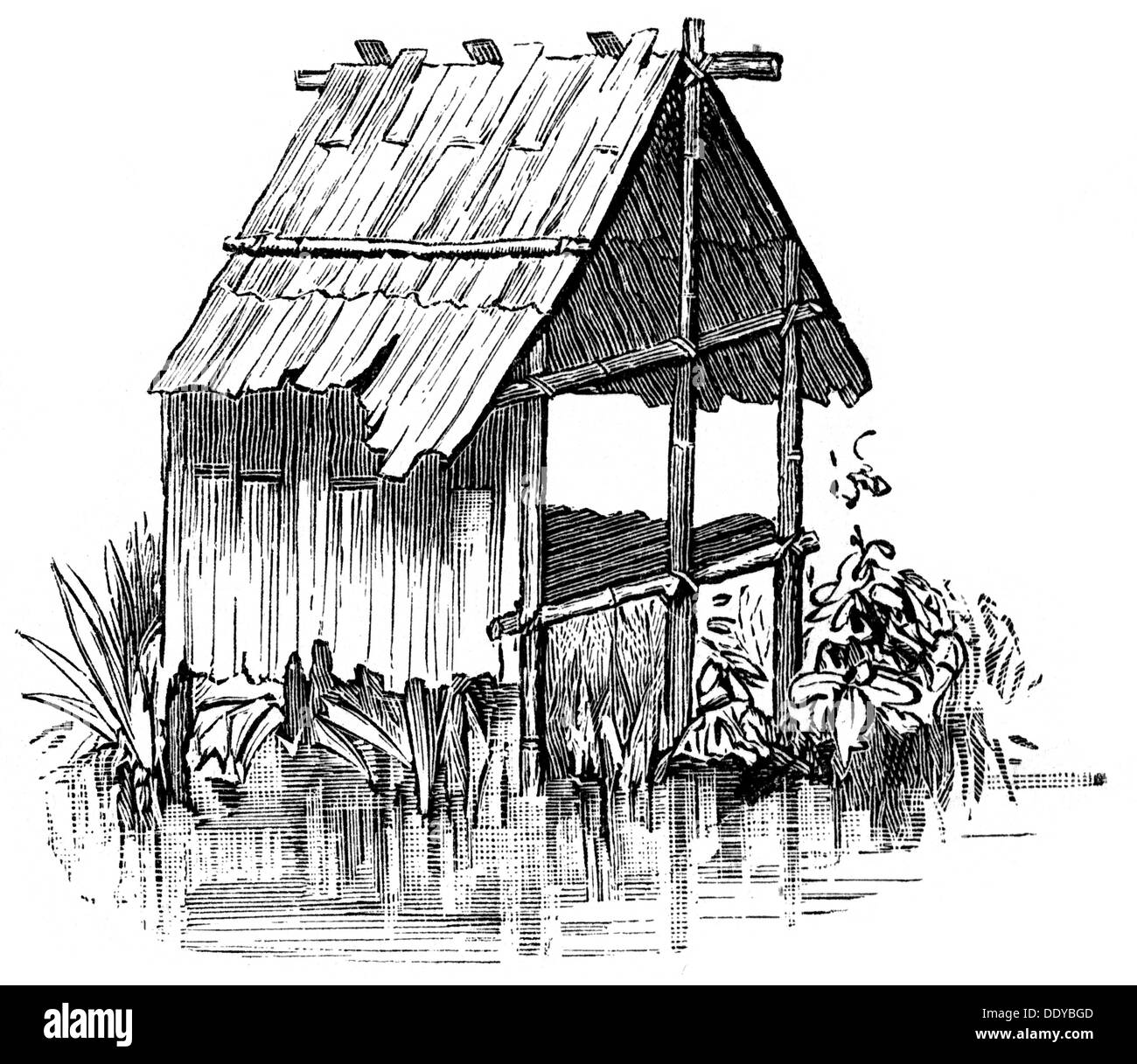 Religion, Naturreligionen, Votivhütte des Oloh Ngadju Stammes, wo Huhn sacrficed werden, um schwangere Frauen vor Dämonen zu schützen, Borneo, nach Grabowsky, Holzstich, Grafik, Grafik, Südostasien, Südostasien, Südostasien, Ferner Osten, Indonesien, Dyak Menschen, Pasah kangkamiak, Opfer, Opfer, Tieropfer, Schwangerschaft, Schwangerschaft, Gravidität, Schwangerschaften, Aberglaube, Religion, Religionen, Votivhütte, Votivhütten, Huhn, Hühner, schwangere Frau, schwangere Frauen, Dämon, Dämon, Dämonen, Dämonen, historisch, historisch, Zusatz-Rechte-Clearences-nicht verfügbar Stockfoto