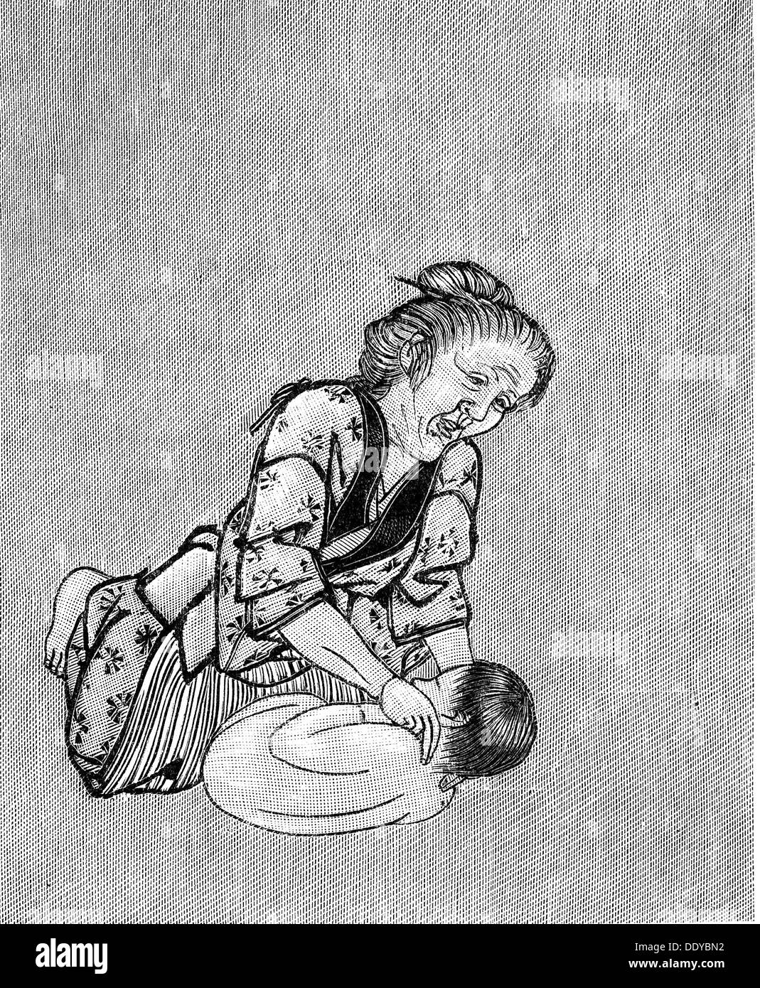 Medizin, Geburt / Gynäkologie, japanische Hebamme mit Baby, nach japanischem Holzschnitt, Holzstich, um 1900, Zusatz-Rechte-Clearenzen-nicht vorhanden Stockfoto