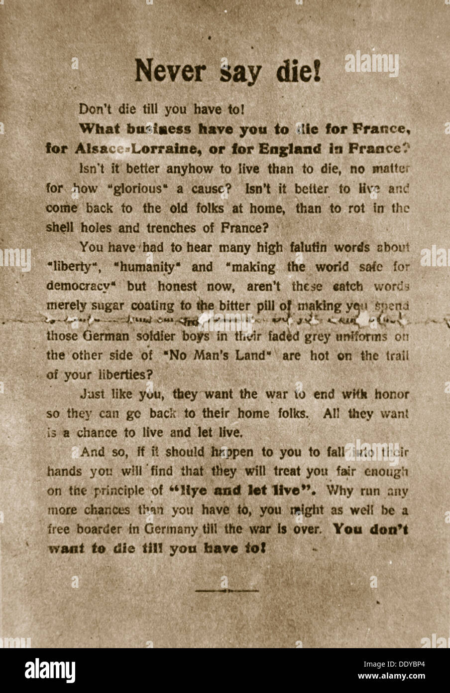 "Nie sagen Die", deutsche Propaganda-Broschüre, Weltkrieg, 1918. Künstler: unbekannt Stockfoto