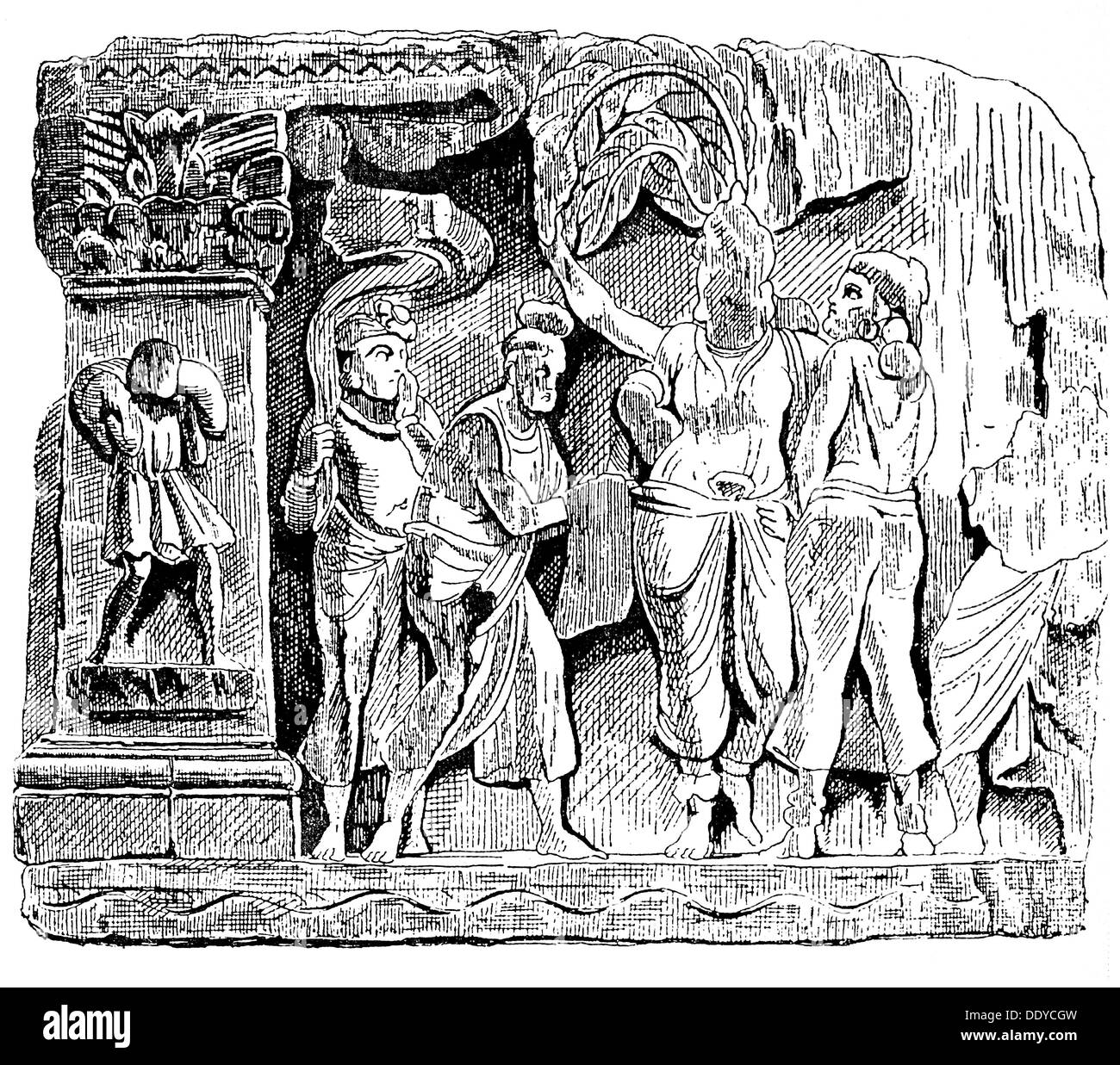 Buddha (Fürst Siddhartha Gautama), ca. 563 v. Chr. - 483 v. Chr., indischer religiöser Gründer, legendäre Geburt Caesaras, nach Erleichterung, Gandhara, 2. Jahrhundert v. Chr. - 6. Jahrhundert n. Chr., Museum, Lahore, Zeichnung, Stockfoto