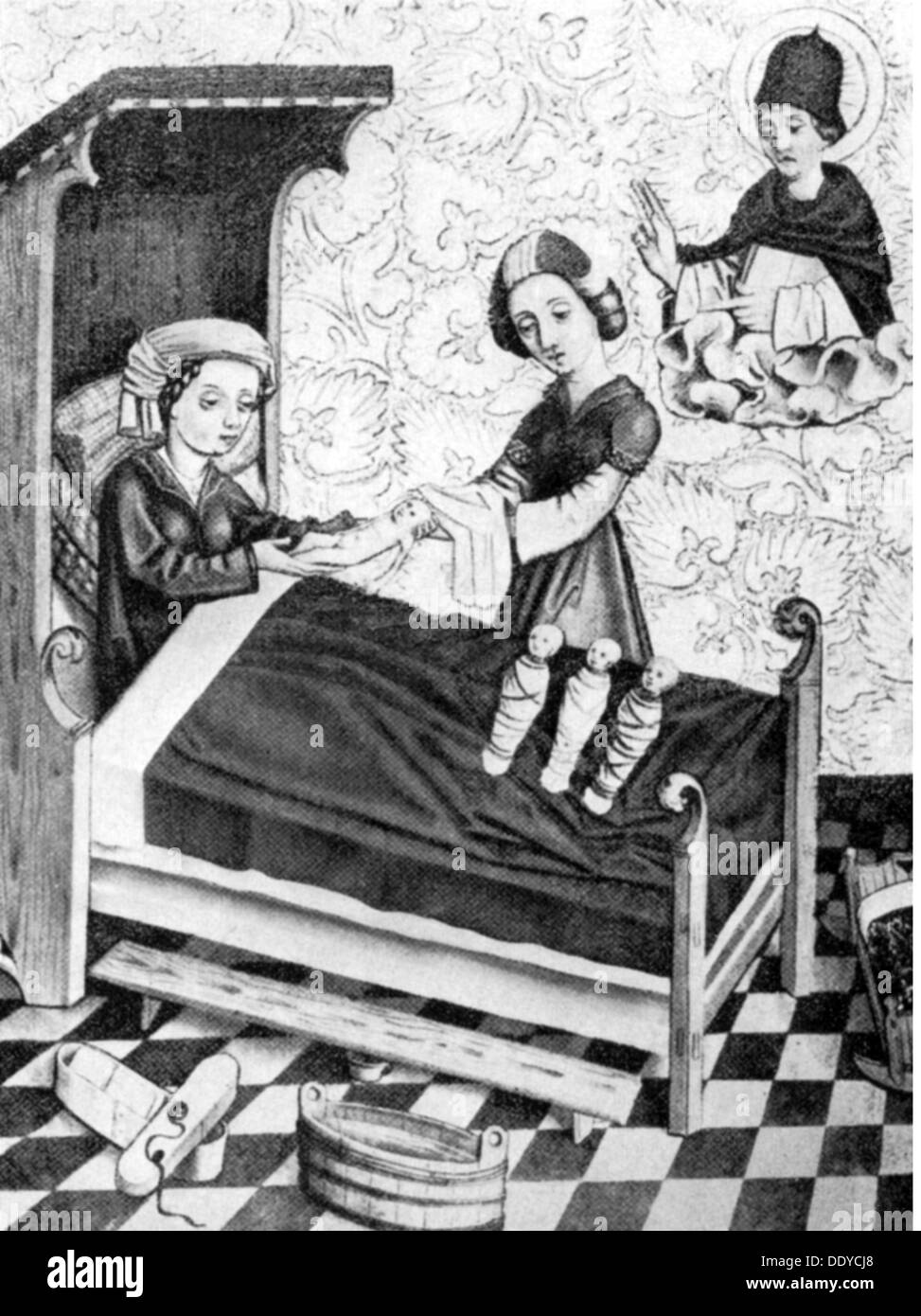 Medizin, Geburt / Gynäkologie, Geburt von Vierbeiner, Tafelmalerei, Oberrhein, 1401 / 1500, Zusatz-Rechte-Clearenzen-nicht vorhanden Stockfoto