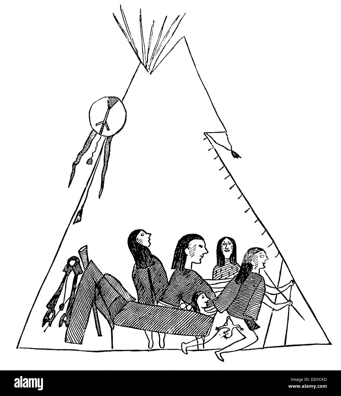 Medizin, Geburt / Gynäkologie, Geburt im Atenten beim Volk der Kiowa, Zeichnung, um 1870, Zusatzrechte-Clearences-nicht vorhanden Stockfoto