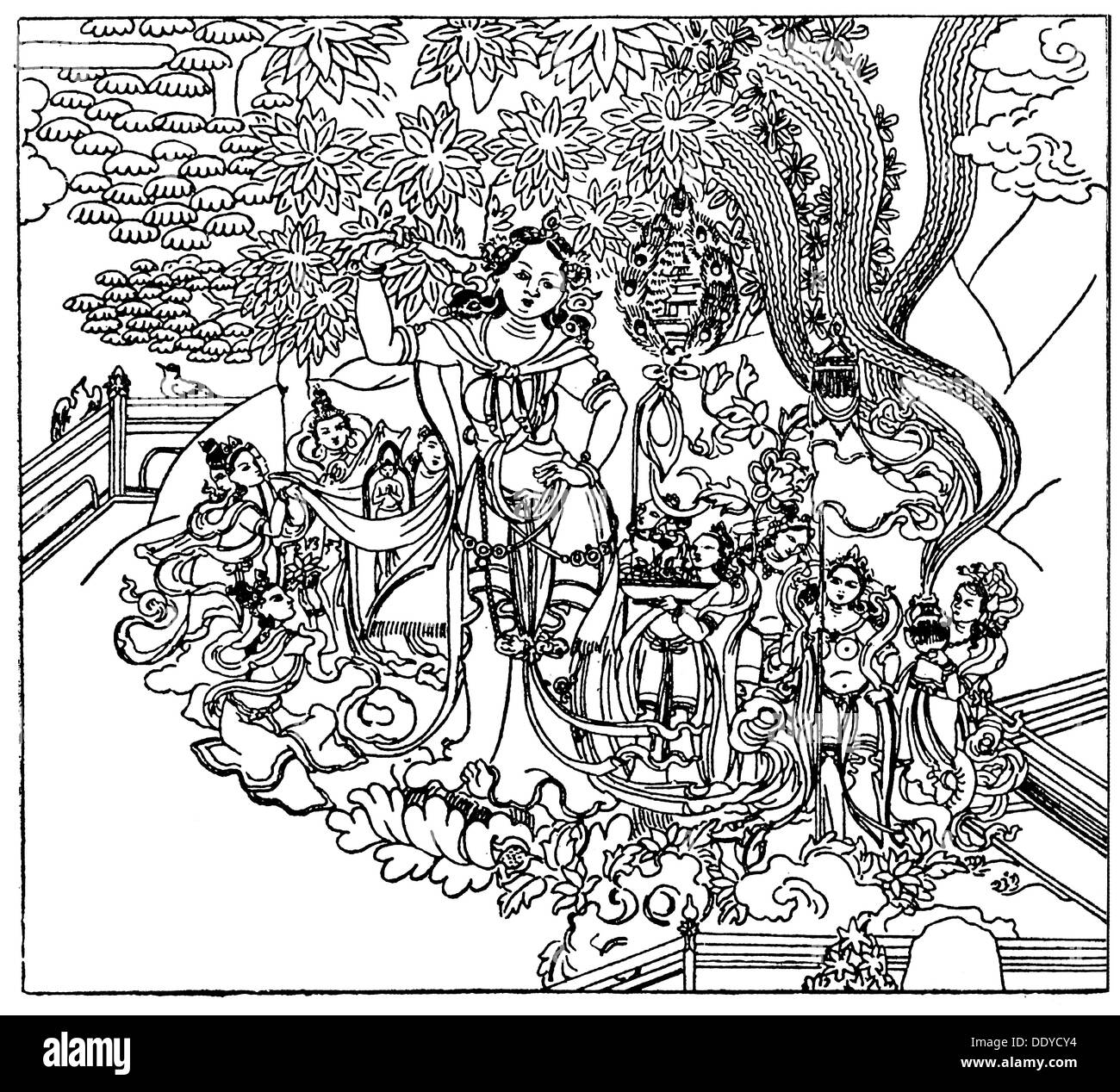 Buddha (Fürst Siddhartha Gautama), ca. 563 v. Chr. - 483 v. Chr., indischer Religionsstifter, legendäre Geburt von Cesarean, nach Scroll-Malerei, ethnologisches Museum, Berlin, Zeichnung, Stockfoto