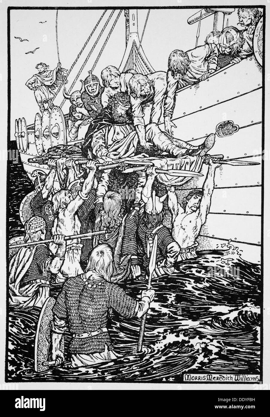 Den sterbenden König Haakon zu seinem Schiff, 961 führte (1913). Künstler: Morris Meredith Williams Stockfoto