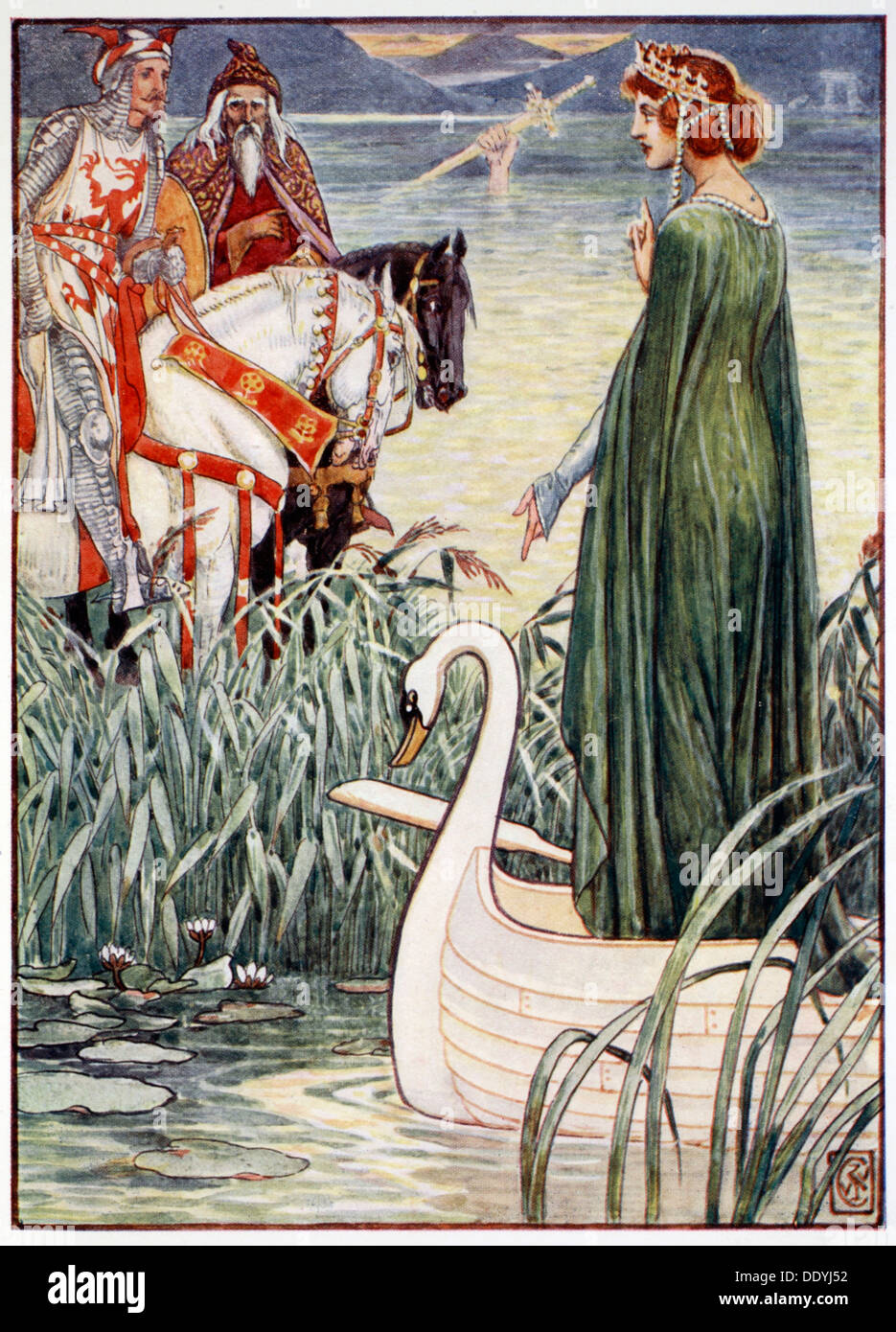 "King Arthur fragt die Dame des Sees für das Schwert Excalibur", 1911. Künstler: unbekannt Stockfoto