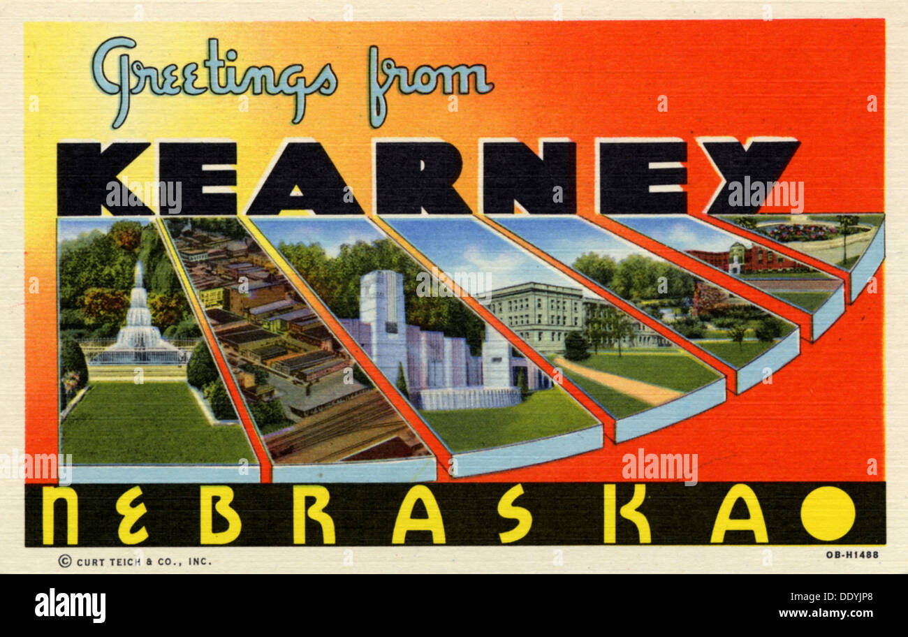 'Grüße von Kearney, Nebraska', Postkarte, 1940. Artist: Unbekannt Stockfoto