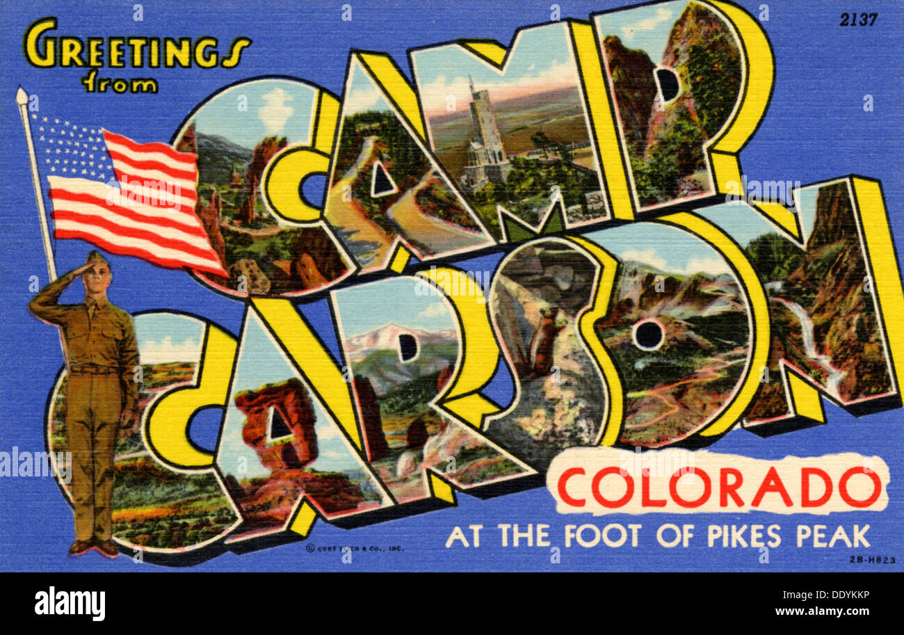 'Grüße von Lager Carson, Colorado, am Fuße des Pike's Peak', Postkarte, 1942. Artist: Unbekannt Stockfoto