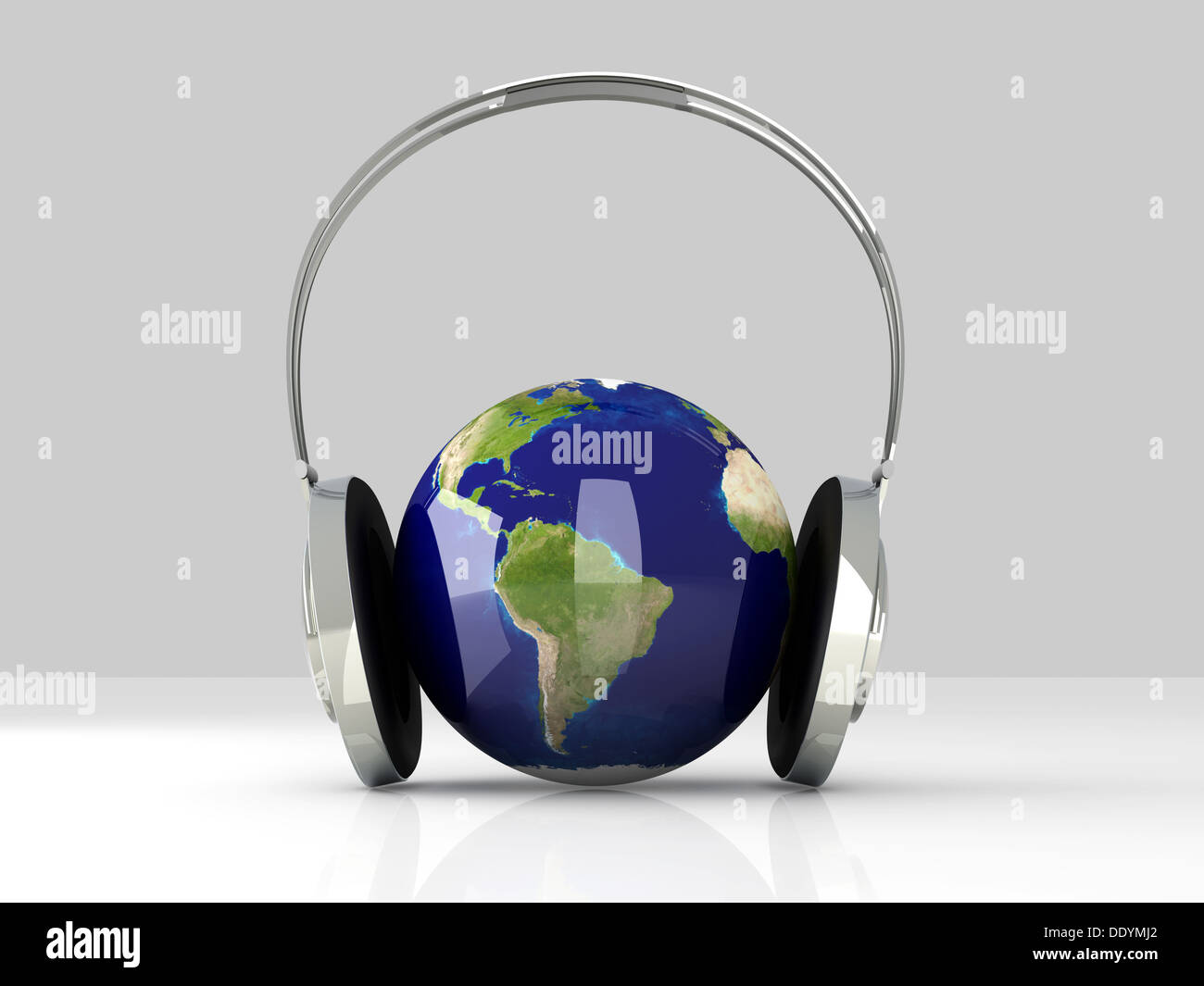 Die Musik von Amerika. Kopfhörer und eine Weltkugel. 3D gerenderte Darstellung. Stockfoto