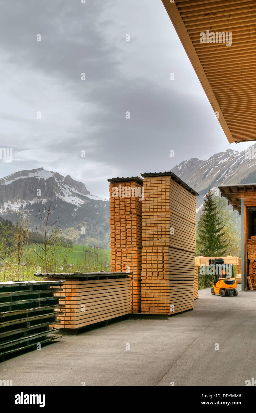 Qualitativ hochwertige Bauholz, gestapelt in Holzlagerung, Sägewerk, Holzhandel, Bauholz, Vorarlberg, Österreich, Europa Stockfoto