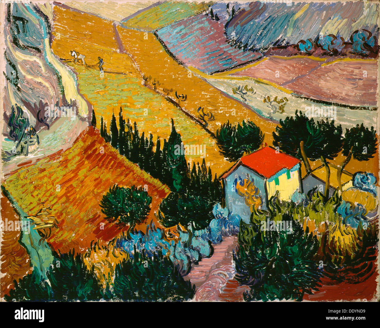"Landschaft mit Haus und Pflüger", 1889.  Künstler: Vincent Van Gogh Stockfoto