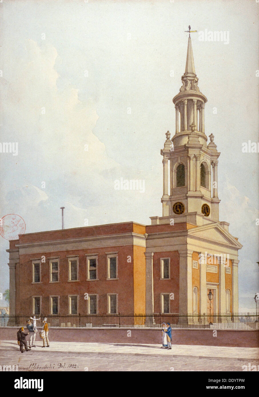 Nord-West-Ansicht der St. Pauls Kirche, Shadwell, London, 1822. Künstler: Robert Blemmell Schnebbelie Stockfoto