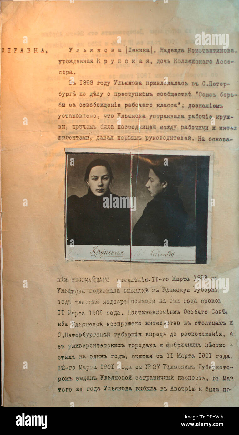 Polizei-Datei des "politischen Verbrechers" Nadezhda Krupskaya, Lenins Frau vor 1916. Künstler: Anon Stockfoto