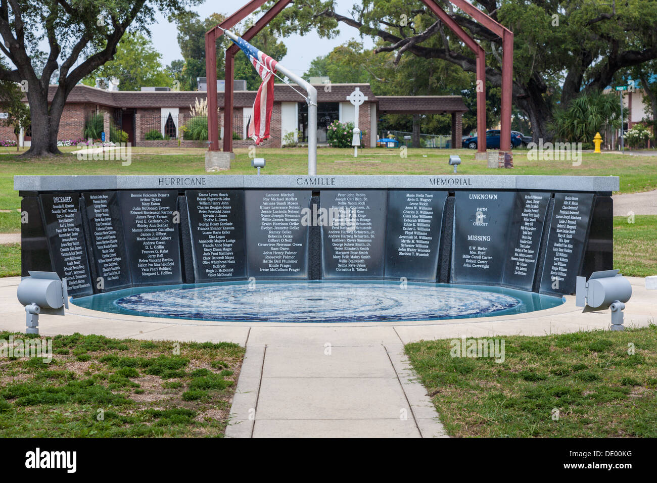 Hurrikan Camille Memorial in Biloxi, Mississippi zeigt die Namen der Toten und Vermissten. Stockfoto