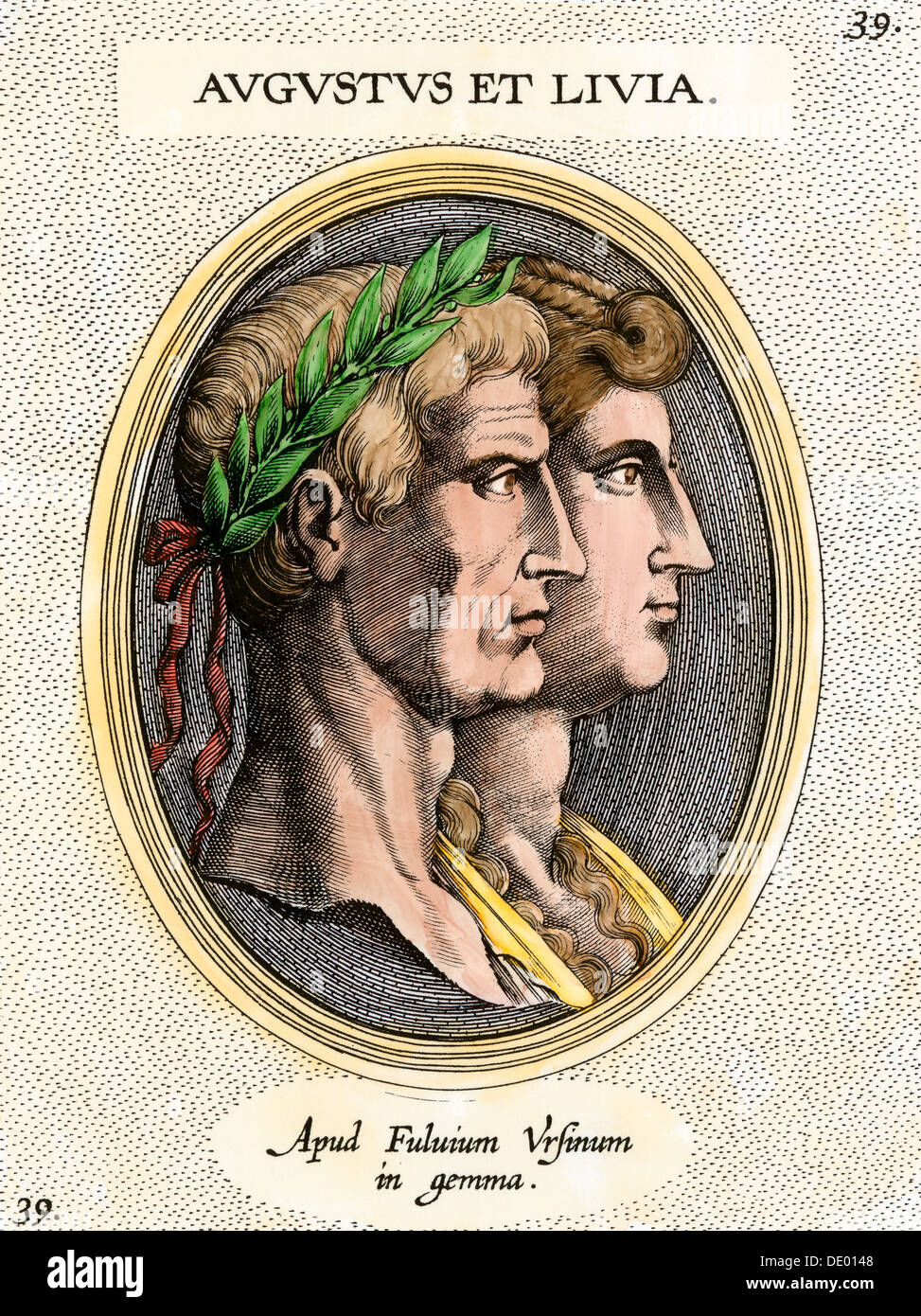 Römische Kaiser Augustus und seine Frau Livia (Julia Drusilla). Handcolorierte Radierung Stockfoto