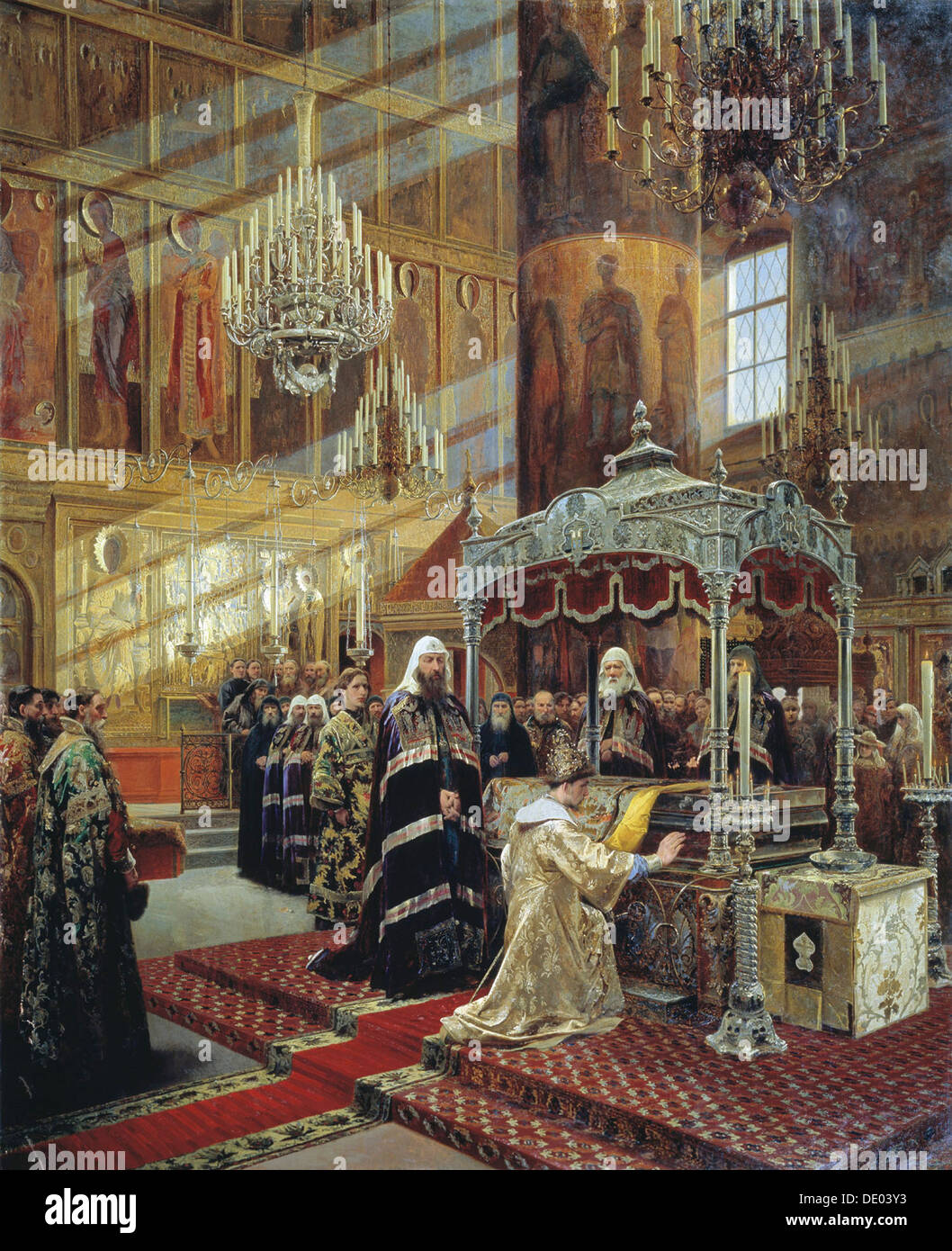 Tsar Alexis und Patriarchen Nikon am Sarg von Metropolitan Philip von Moskau, 17. Jahrhundert (1886). Artist: Alexander Litovchenko Stockfoto