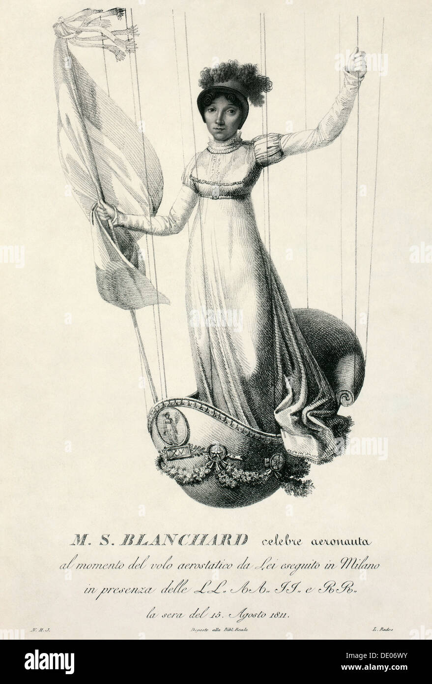 Porträt des französischen Ballonfahrer Sophie Blanchard während ihres Fluges in Mailand, Italien, 1811. Künstler: Luigi Rados Stockfoto