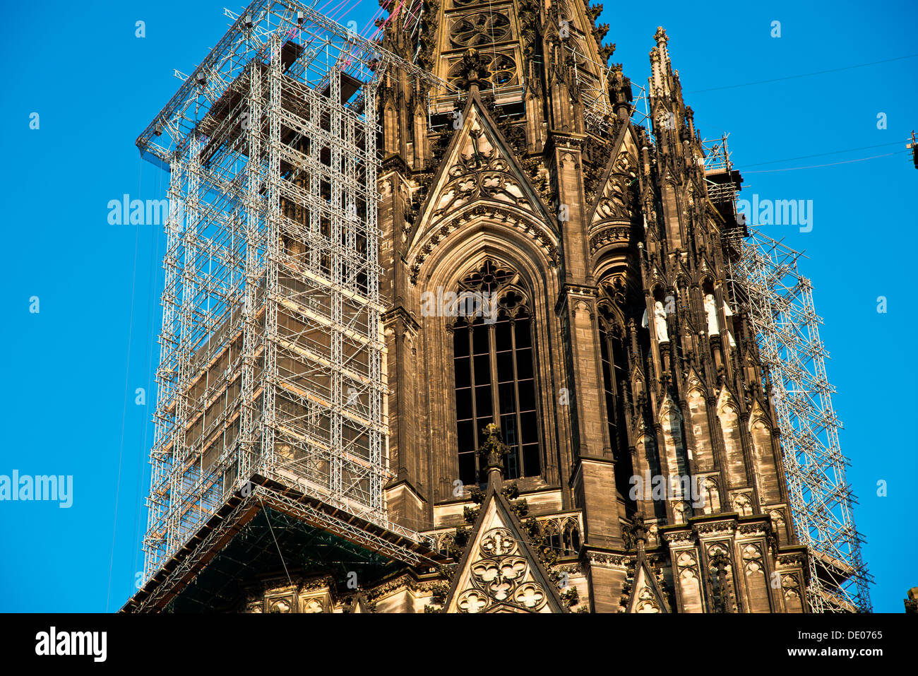 Westfassade, Nordturm des Kölner Doms mit ausgesetzt Gerüste für Renovierungen, Köln, Nordrhein-Westfalen Stockfoto