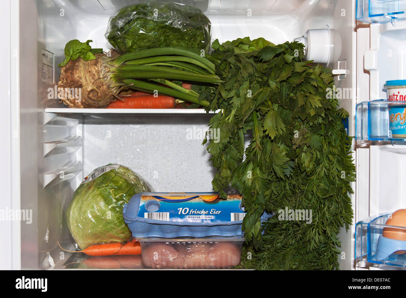 Lebensmittel an der falschen Stelle in einem Kühlschrank gelagert Stockfoto