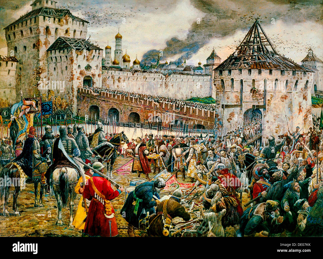 Die Vertreibung der polnischen Eindringlinge aus dem Moskauer Kreml, 1612 (Ende 19 oder Anfang 20. Jahrhundert). Künstler: Ernest Ernestovich Lissner Stockfoto