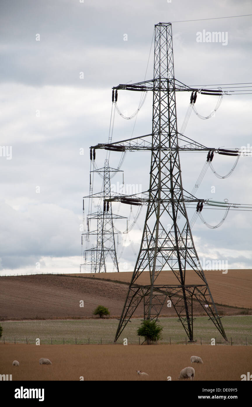 Strommasten in der Landschaft Oxfordshire Stockfoto