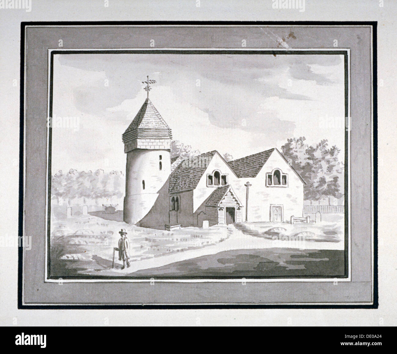 Nordwest-Blick auf die St.-Nikolaus-Kirche, Tooting, Wandsworth, London, c1800. Künstler: Anon Stockfoto