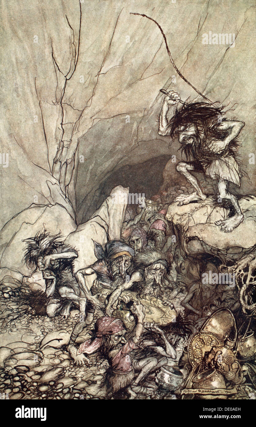 "Alberich fährt in einem Band von Nibelungen mit gold und Silber schätzen, 1910.  Künstler: Arthur Rackham Stockfoto