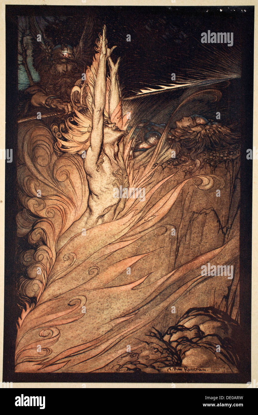 "Erscheinen, flackernde Feuer, umschließen den Fels mit deiner Flamme! Loge! Loge! Angezeigt werden!', 1910.  Künstler: Arthur Rackham Stockfoto