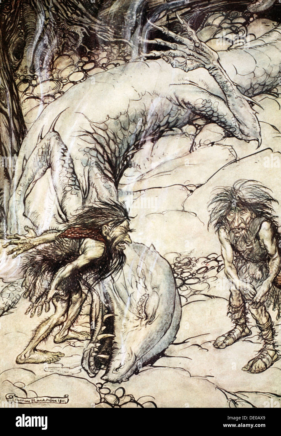 "Die Zwerge streiten über den Körper von Fafner", 1924.  Künstler: Arthur Rackham Stockfoto
