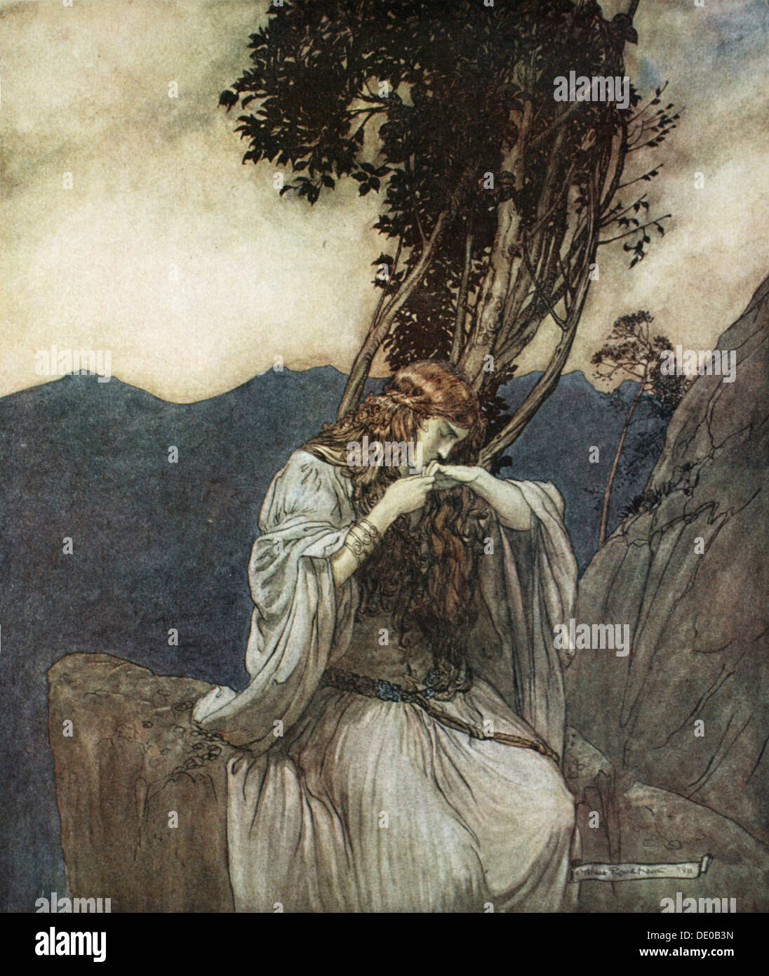 "Brunnhilde küsst den Ring, den Siegfried, mit ihr verlassen hat", 1924. Künstler: Arthur Rackham Stockfoto