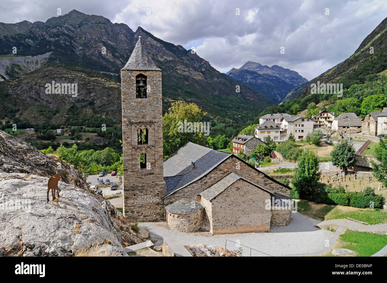 Sant Joan, romanische Kirche, UNESCO Weltkulturerbe, Boi, La Vall de Boi, Pyrenäen, Provinz Lleida, Catalonia Stockfoto