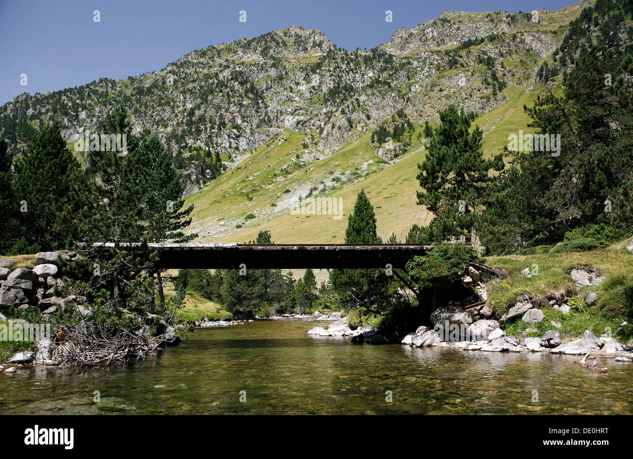Brücke über einen Wildbach, Landschaft in den französischen Pyrenäen, National Park in der Nähe von Argeles-gazost, midi-Pyrenees region Stockfoto