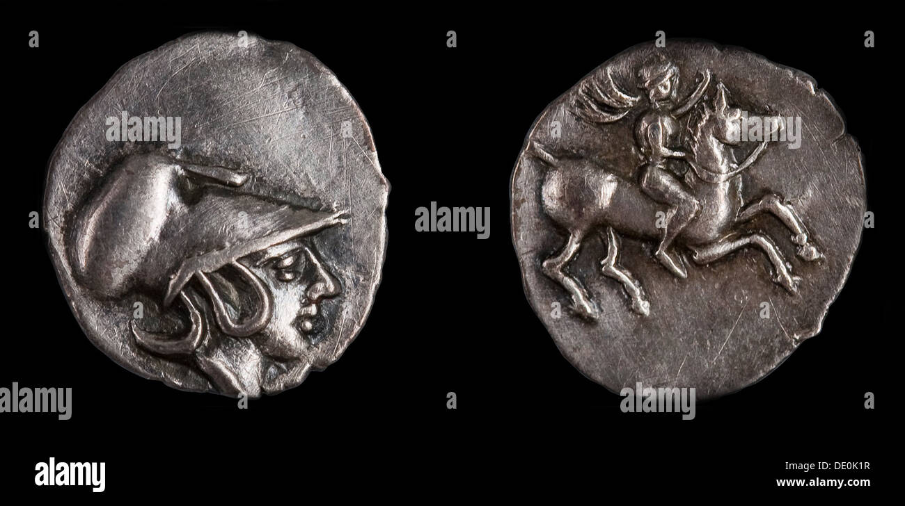 Emporiae Münze. Vorderseite: Kopf der Athena mit korinthischen Helm, 4. Jahrhundert v. Chr.. Künstler: Numismatik, antike Münzen Stockfoto