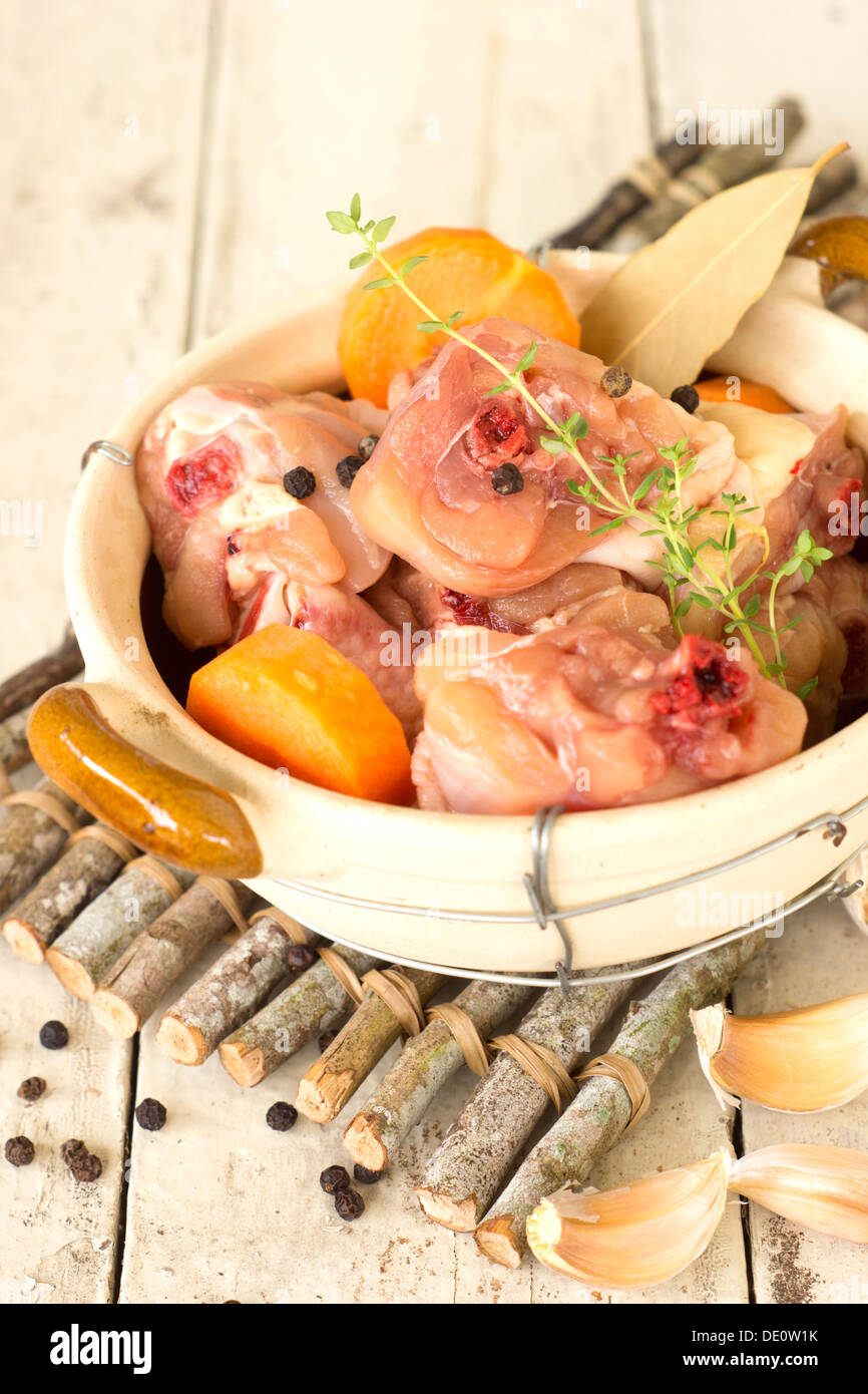 Rohes Hühnchen Zutaten in irdenen Topf Stockfoto
