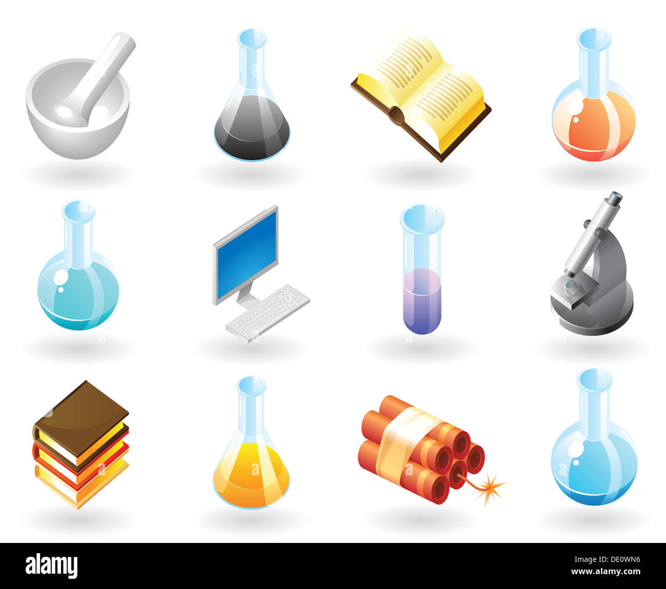 Hoch detaillierte realistische Icons für Wissenschaft, Technologie und Bildung. Stockfoto