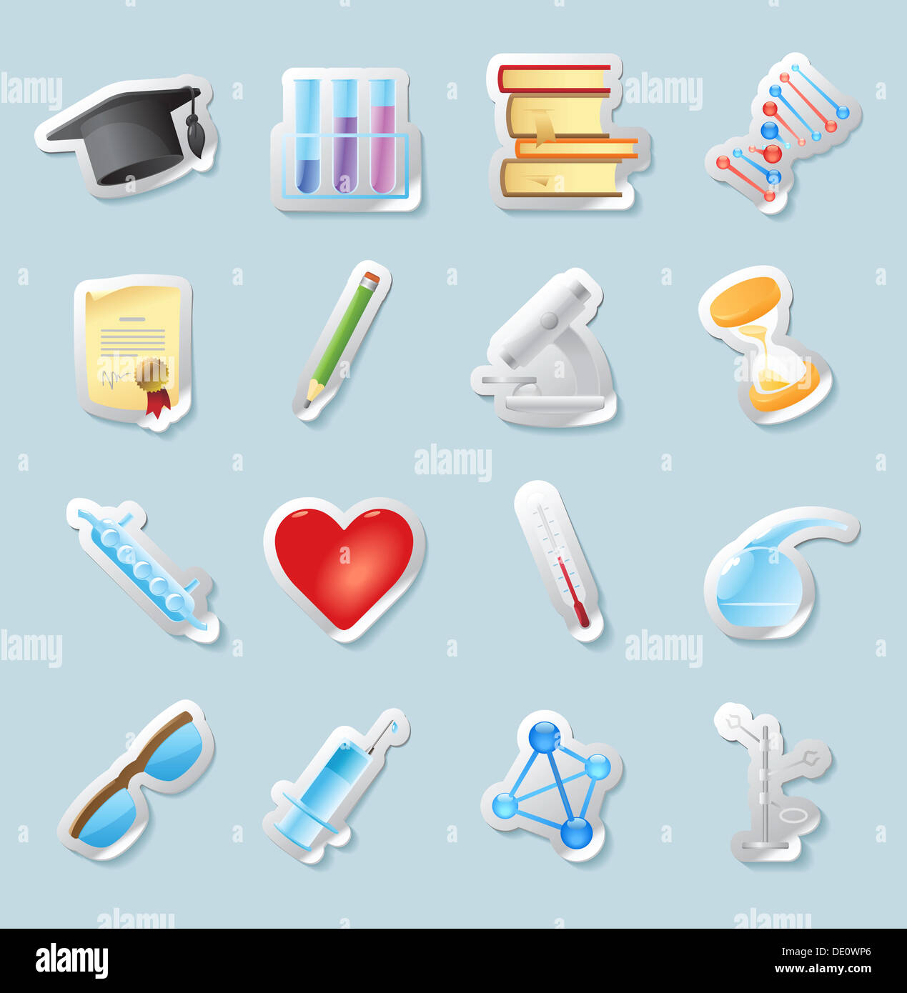 Aufkleber-Set-Taste. Symbole für Wissenschaft, Medizin und Bildung. Stockfoto
