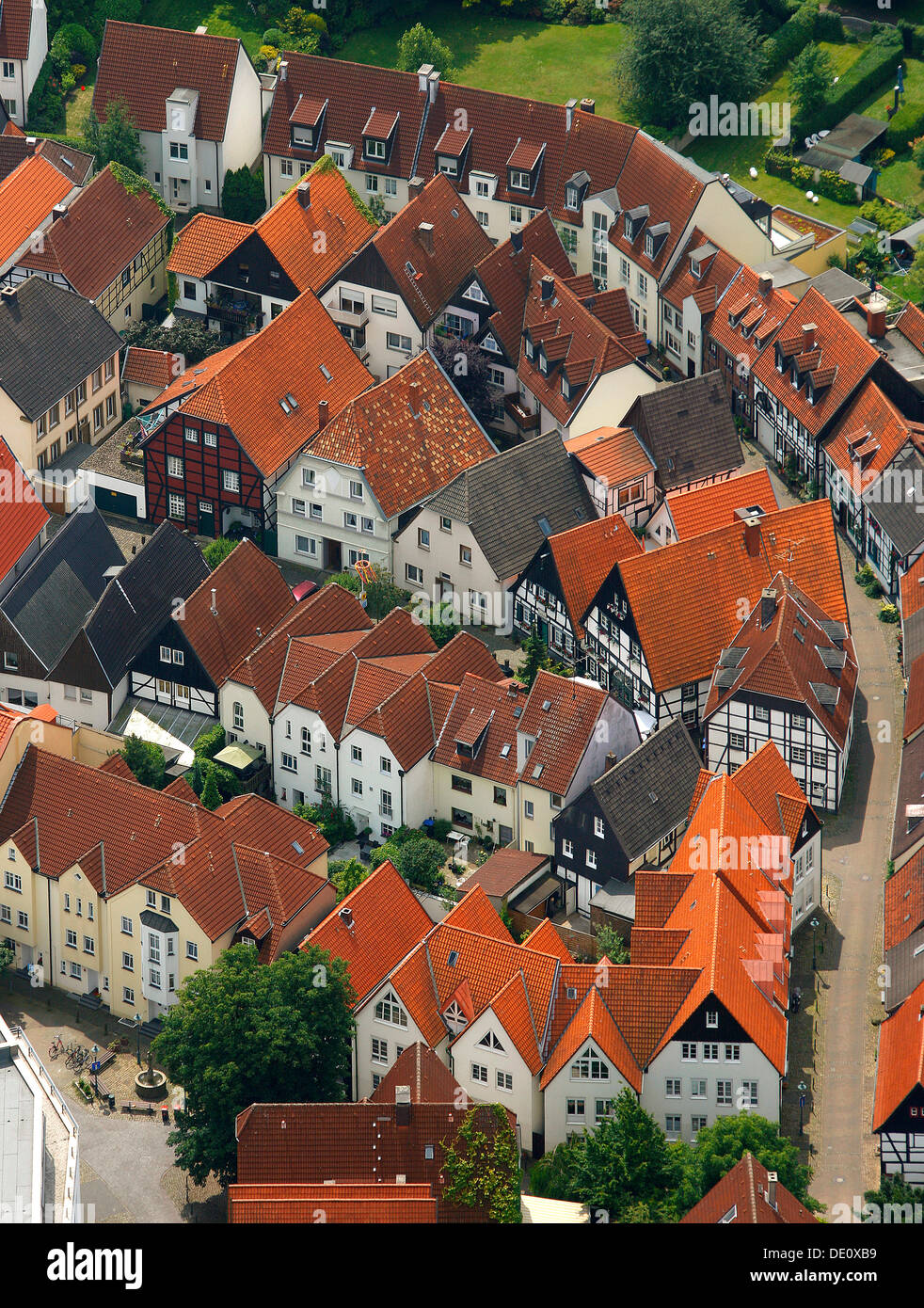 Luftaufnahme, Fachwerk Häuser, Altstadt, Lünen, Nordrhein-Westfalen Stockfoto