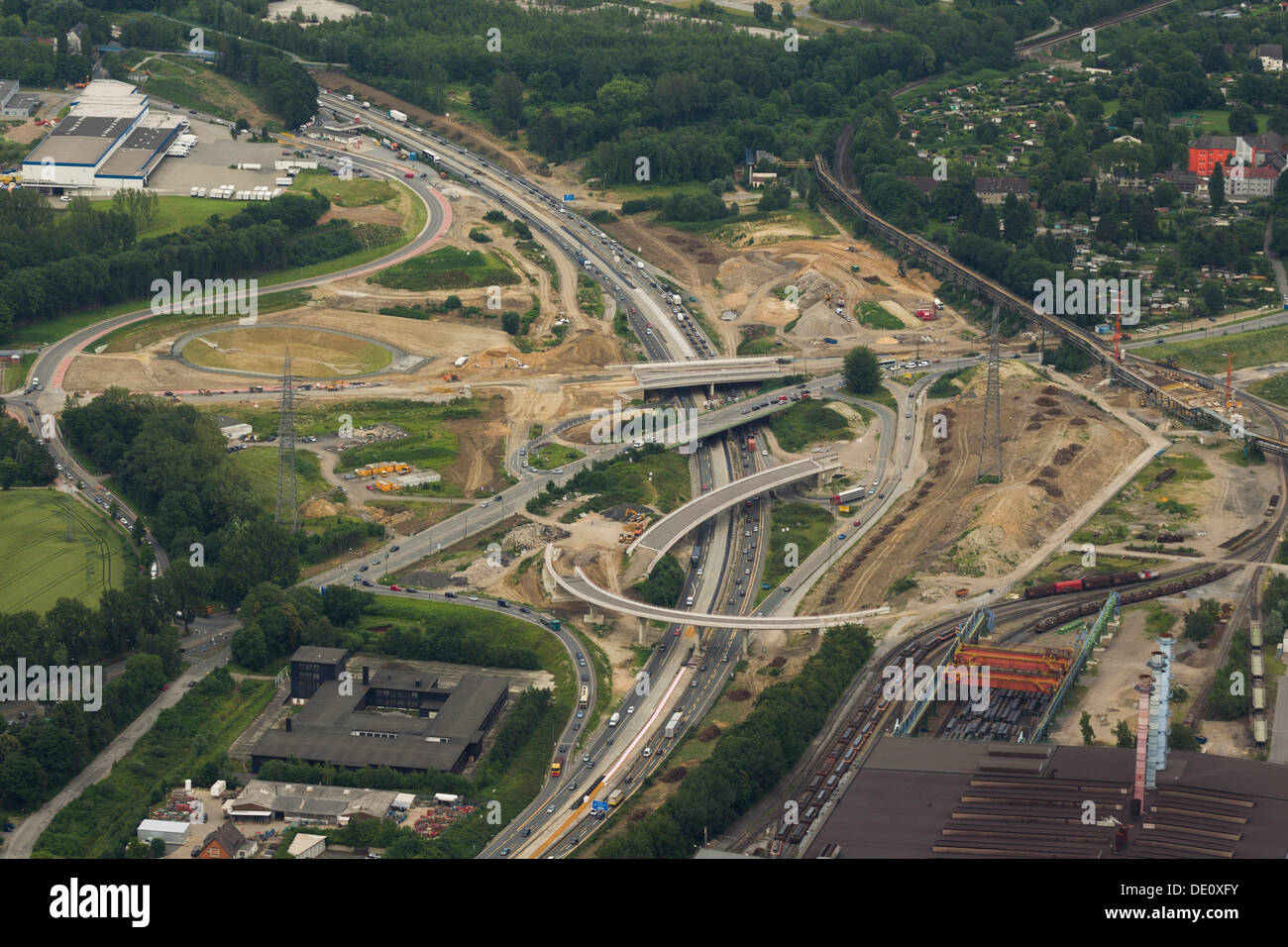Luftbild, Autobahn A40, Baustelle in der Nähe von Bochum-Stahlhausen, Donekzring Link, Bochum, Ruhrgebiet, Nordrhein-Westfalen Stockfoto