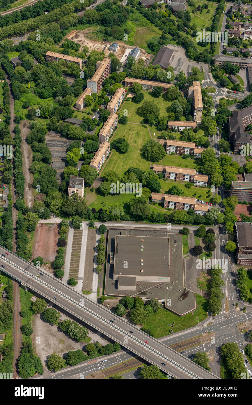 Antenne zu sehen, Rhein-Ruhr-Halle Stadtbad Schwimmbäder, Duisburg, Ruhrgebiet, Nordrhein-Westfalen Stockfoto