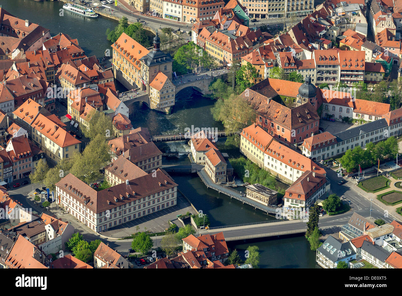 Luftbild, altes Rathaus, Mainufer, Bamberg, Franken, Oberbayern Stockfoto
