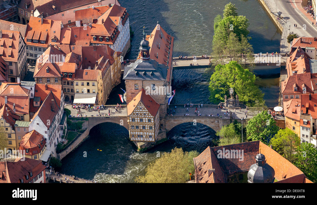 Luftbild, altes Rathaus, Mainufer, Bamberg, Franken, Oberbayern Stockfoto
