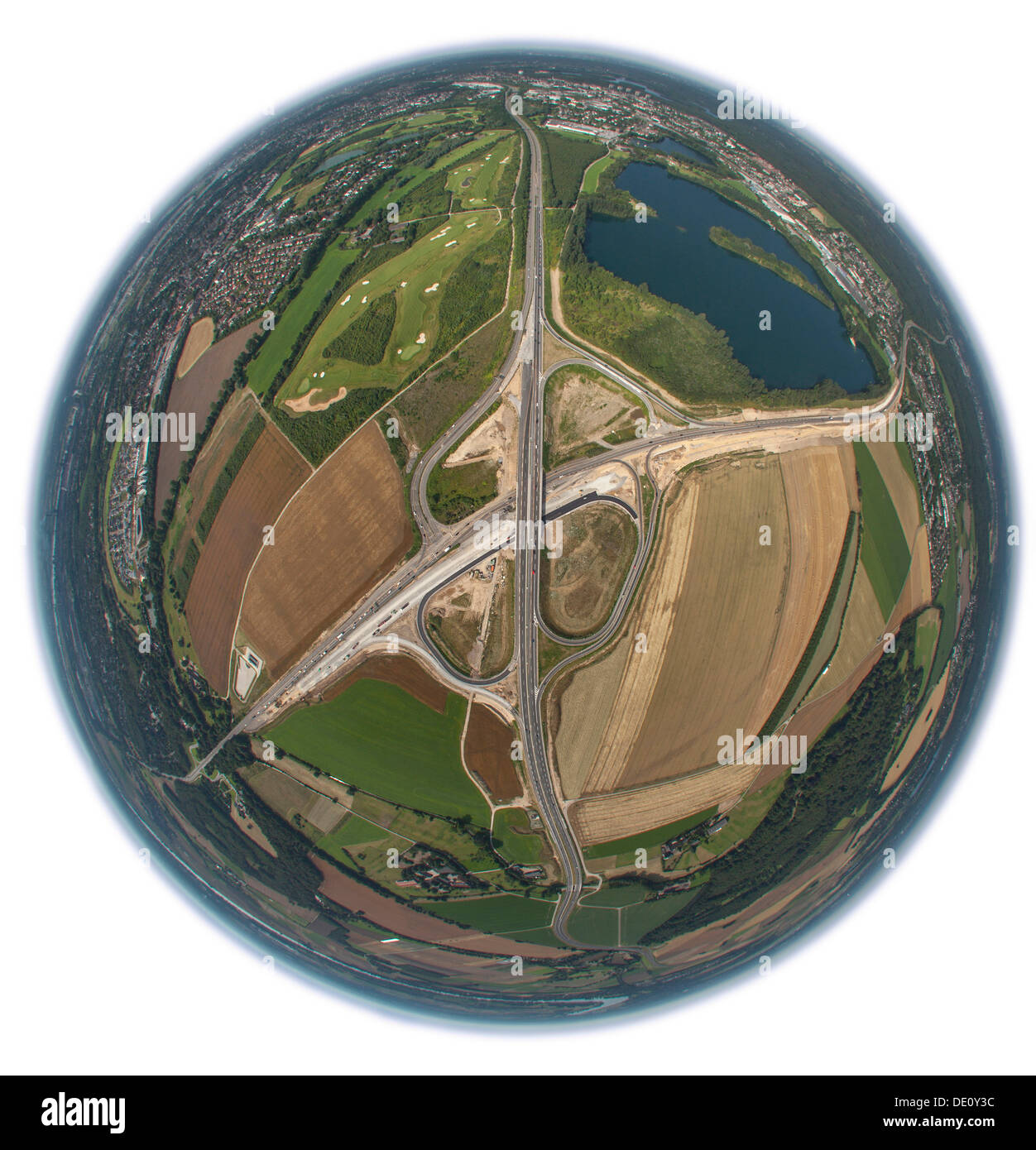 Luftaufnahme, fisheye erschossen, Autobahnkreuz B288 und A59, Duisburg, Ruhrgebiet, Nordrhein-Westfalen Stockfoto