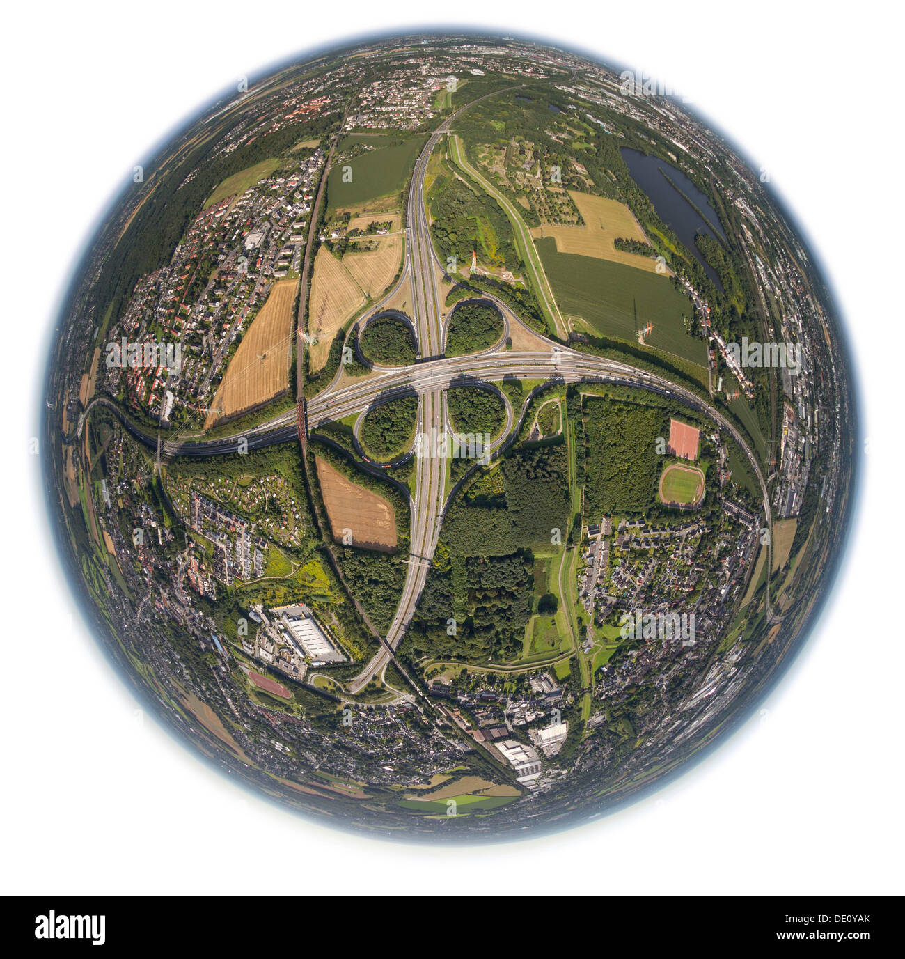 Luftaufnahme, schoss mit einem fisheye-Objektiv, Autobahn Kreuzung, Dortmund, Ruhrgebiet, Nordrhein-Westfalen Stockfoto