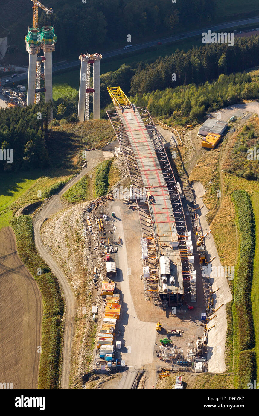 Luftbild, Baustelle, Ausbau der Autobahn A46, die höchste Viadukt in North Rhine-Westphalia, in der Nähe von Bestwig Stockfoto